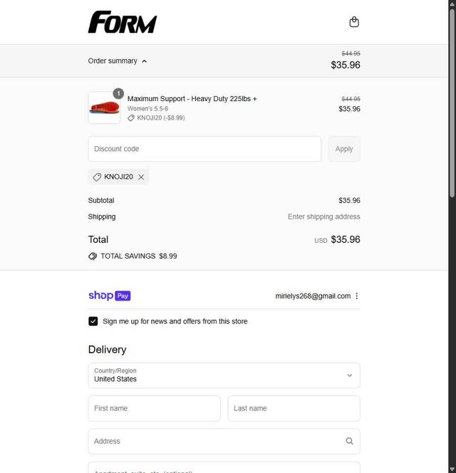 Form Insoles checkout page showing Form Insoles discount code box | Screenshot taken by SimplyCodes community member on Aug 18, 2025