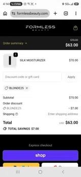 Formless Beauty coupon verification screenshot
