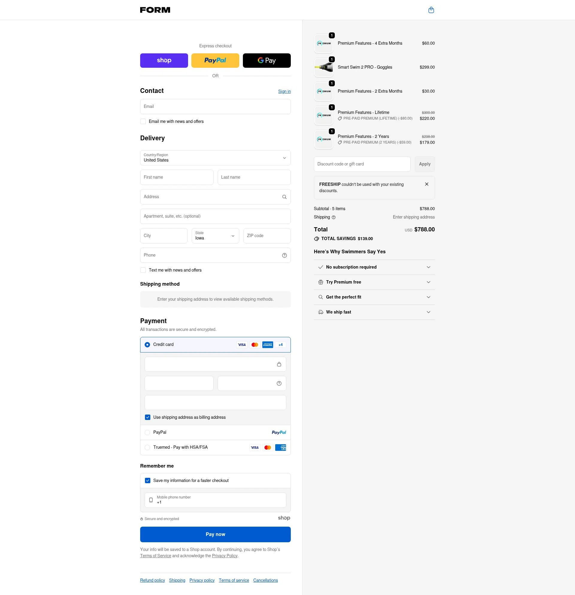 FORM Swim Goggles checkout page showing FORM Swim Goggles discount code box | Screenshot taken by SimplyCodes community member on Jan 20, 2026