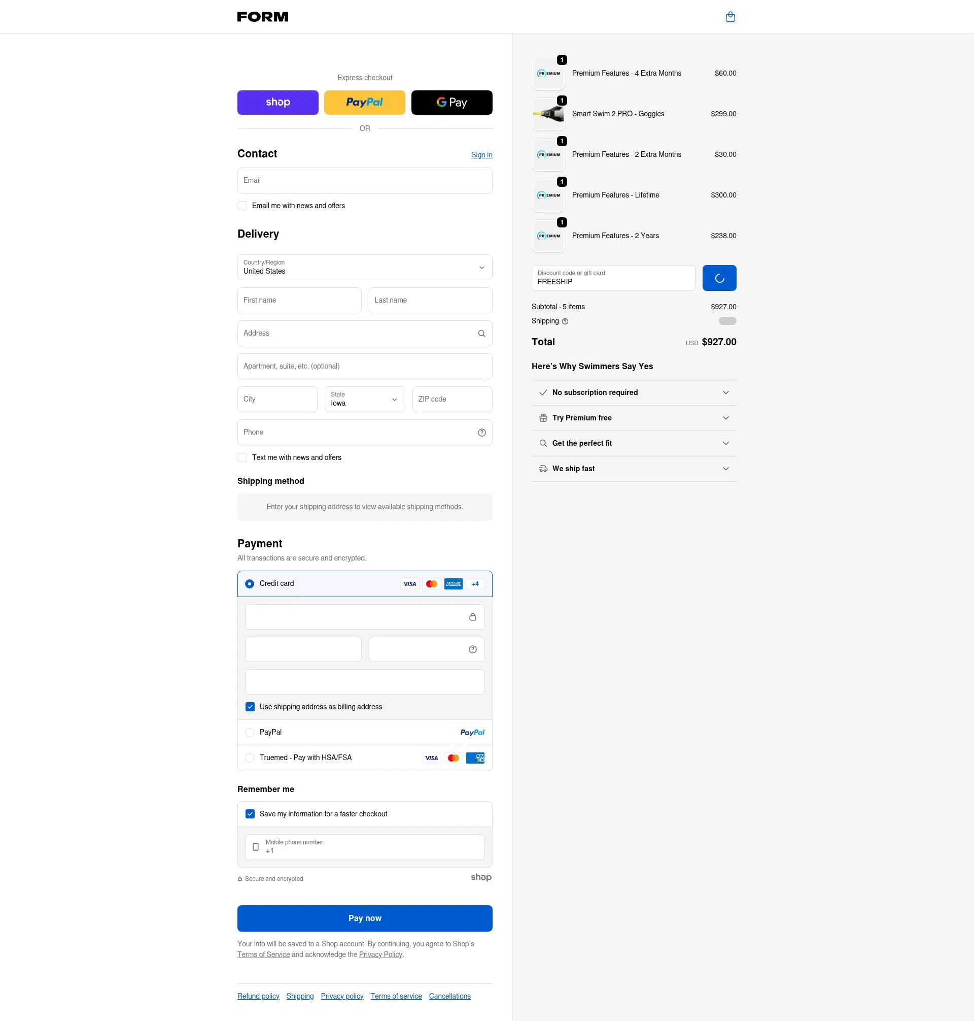 FORM Swim Goggles checkout page showing FORM Swim Goggles discount code box | Screenshot taken by SimplyCodes community member on Jan 29, 2026