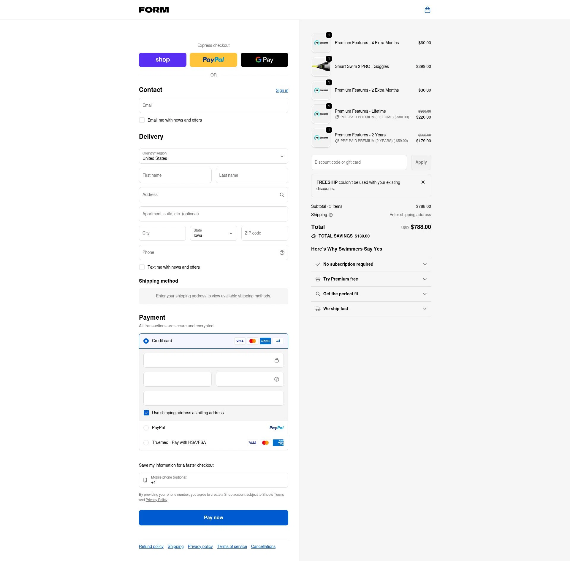 FORM Swim Goggles checkout page showing FORM Swim Goggles discount code box | Screenshot taken by SimplyCodes community member on Jan 15, 2026
