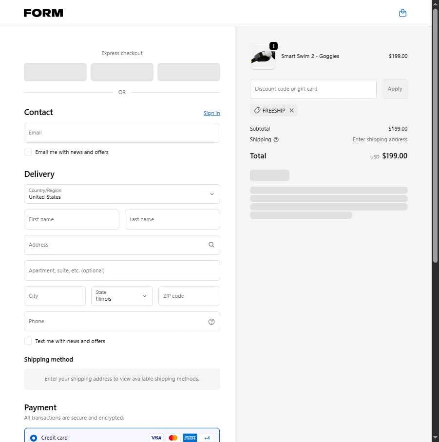 FORM Swim Goggles checkout page showing FORM Swim Goggles discount code box | Screenshot taken by SimplyCodes community member on Feb 7, 2026