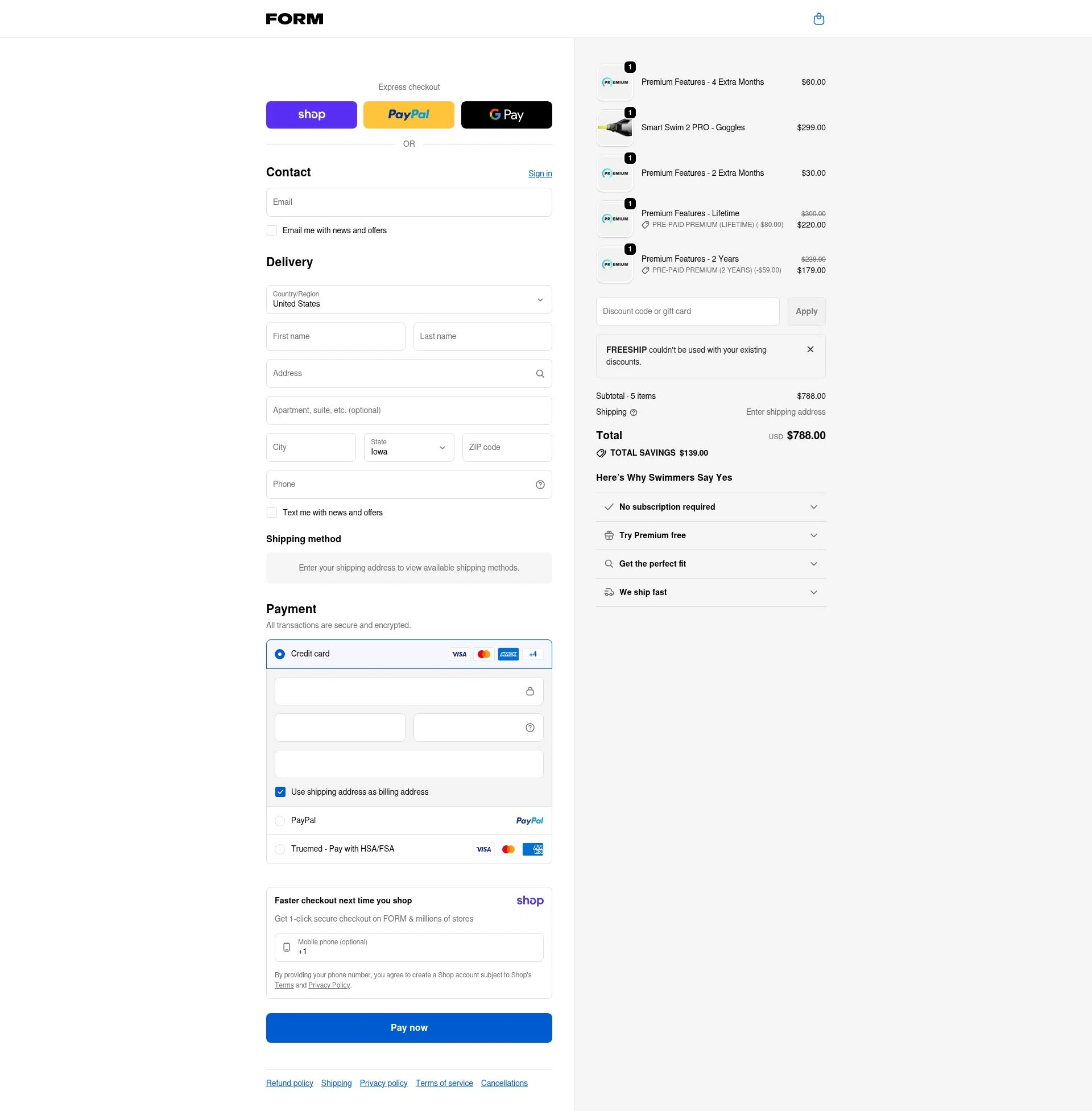 FORM Swim Goggles checkout page showing FORM Swim Goggles discount code box | Screenshot taken by SimplyCodes community member on Jan 10, 2026