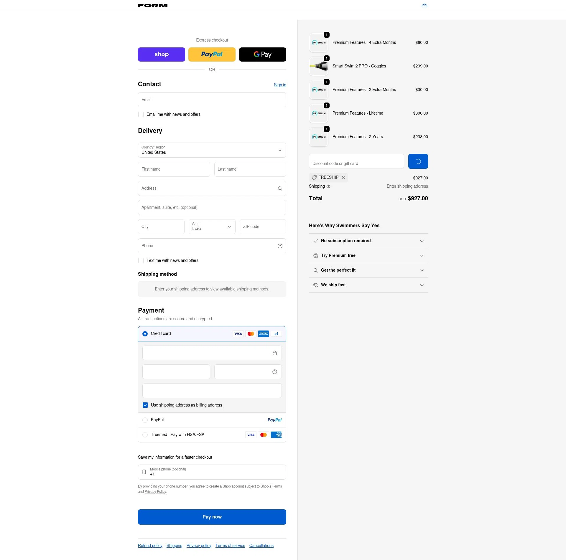 FORM Swim Goggles checkout page showing FORM Swim Goggles discount code box | Screenshot taken by SimplyCodes community member on Feb 7, 2026