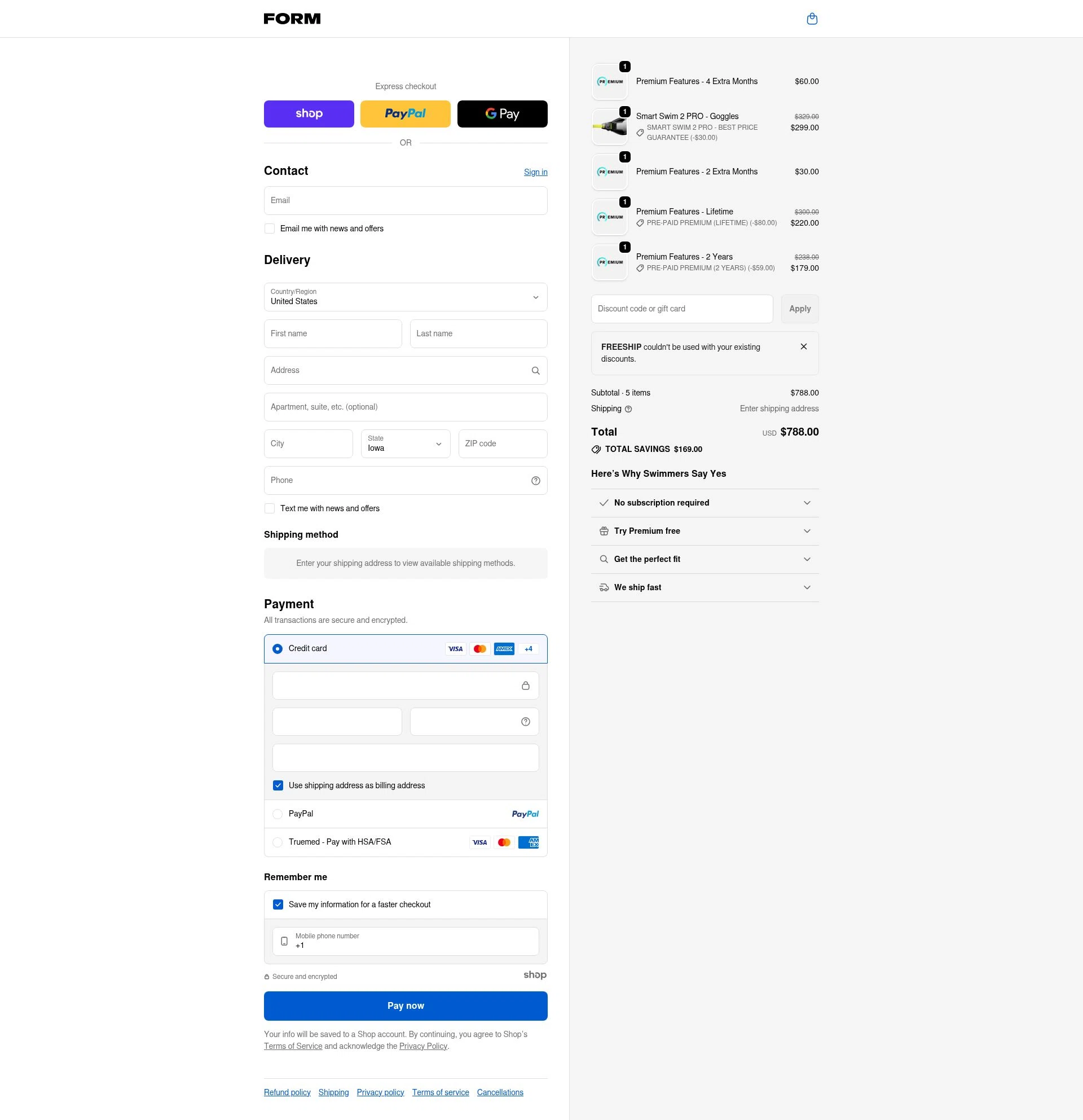 FORM Swim Goggles checkout page showing FORM Swim Goggles discount code box | Screenshot taken by SimplyCodes community member on Jan 5, 2026