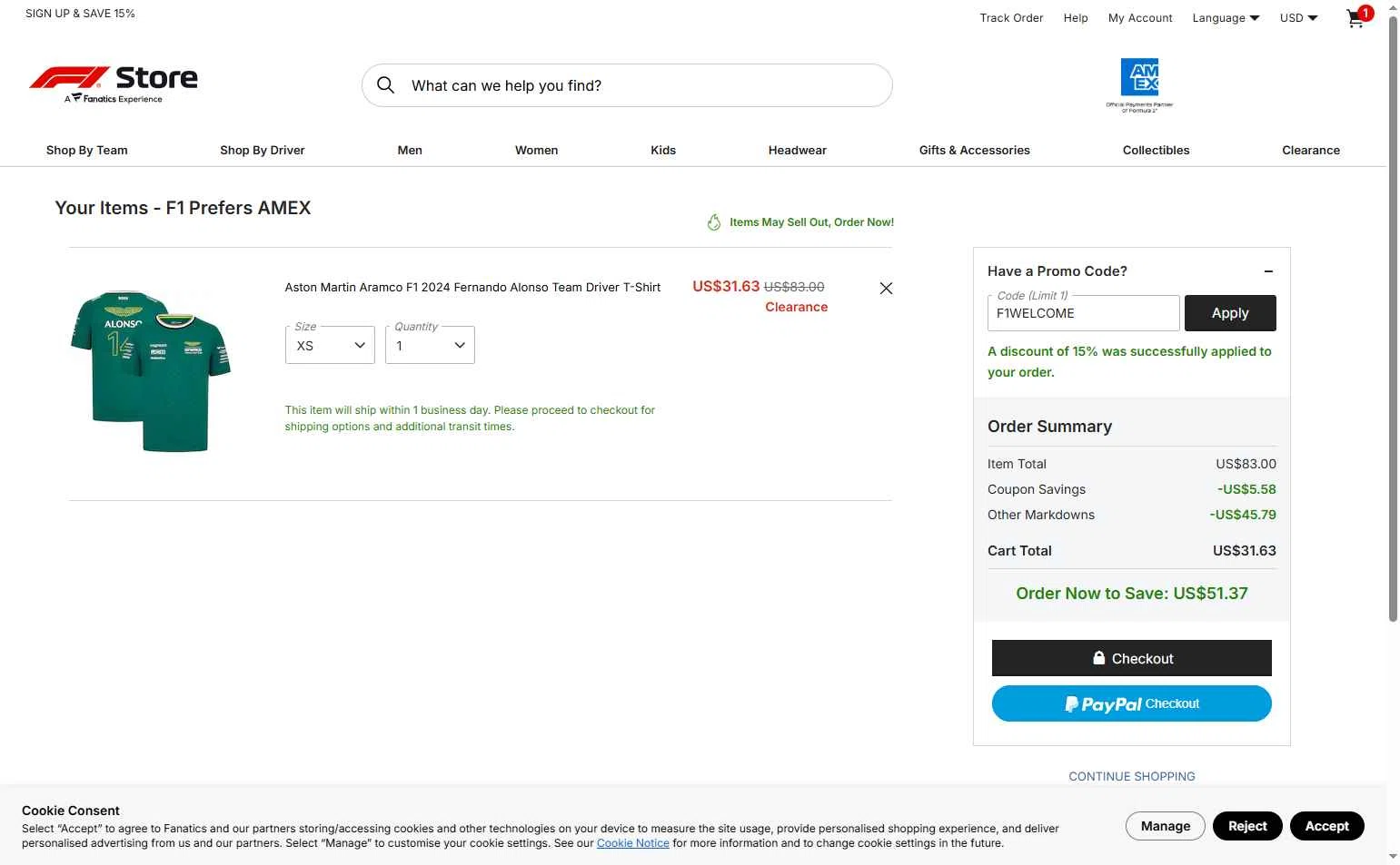 F1 Ticket Store checkout page showing F1 Ticket Store promo code box | Screenshot taken by SimplyCodes community member on Jan 21, 2026