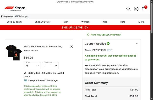 Formula 1 Store checkout page showing Formula 1 Store discount code box | Screenshot taken by SimplyCodes community member on Sep 11, 2025