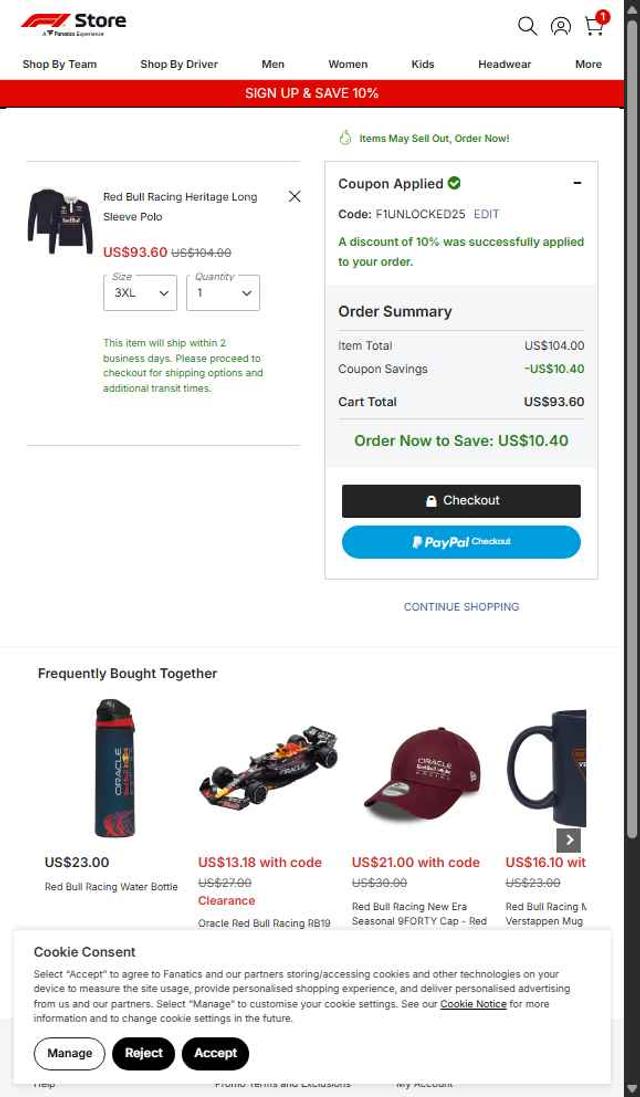Formula 1 Store checkout page showing Formula 1 Store discount code box | Screenshot taken by SimplyCodes community member on Sep 7, 2025