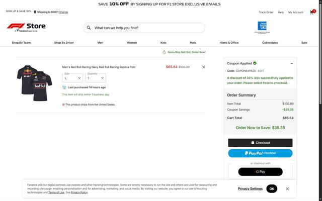 Formula 1 Store checkout page showing Formula 1 Store discount code box | Screenshot taken by SimplyCodes community member on Sep 9, 2025