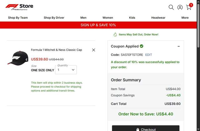 Formula 1 Store UK checkout page showing Formula 1 Store UK discount code box | Screenshot taken by SimplyCodes community member on Sep 2, 2025