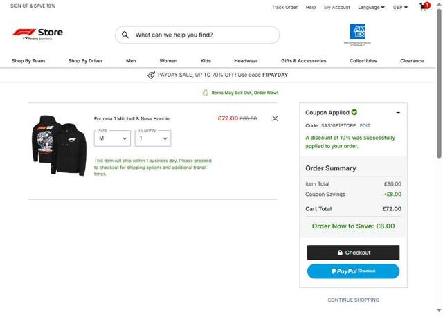 Formula 1 Store UK checkout page showing Formula 1 Store UK discount code box | Screenshot taken by SimplyCodes community member on Jul 24, 2025
