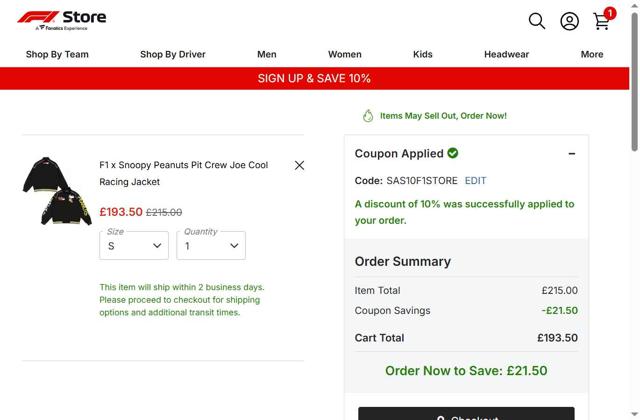 Formula 1 Store UK checkout page showing Formula 1 Store UK discount code box | Screenshot taken by SimplyCodes community member on Sep 11, 2025