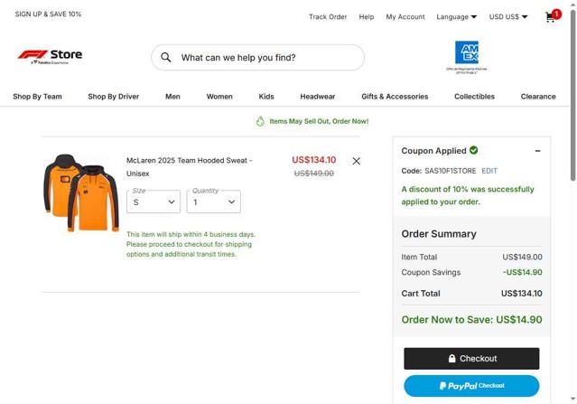 Formula 1 Store UK checkout page showing Formula 1 Store UK discount code box | Screenshot taken by SimplyCodes community member on Aug 13, 2025