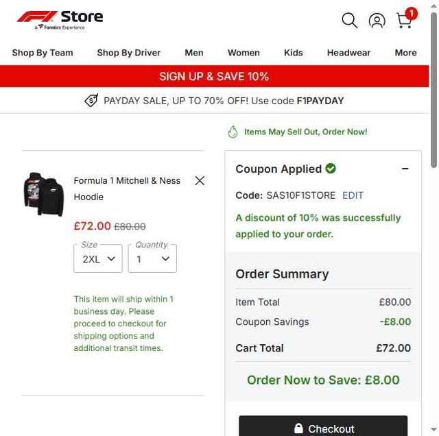 Formula 1 Store UK checkout page showing Formula 1 Store UK discount code box | Screenshot taken by SimplyCodes community member on Jul 24, 2025