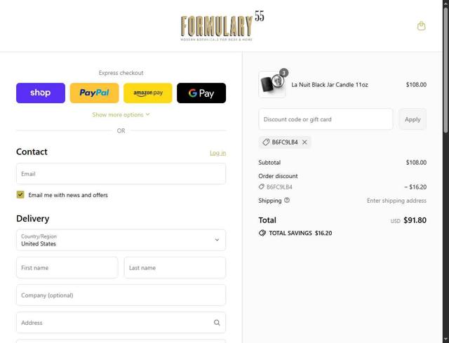 Formulary 55 checkout page showing Formulary 55 discount code box | Screenshot taken by SimplyCodes community member on Sep 4, 2025