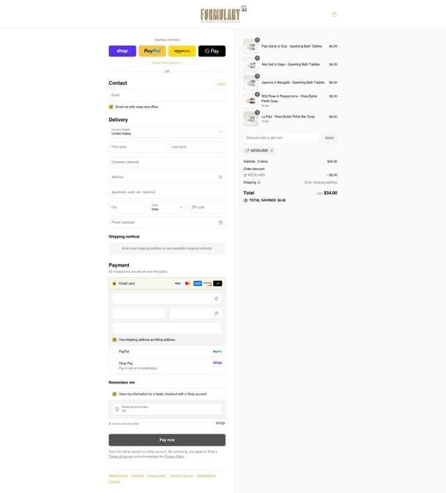 Formulary 55 checkout page showing Formulary 55 discount code box | Screenshot taken by SimplyCodes community member on Aug 30, 2025