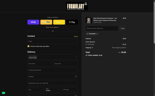 Formulary 55 checkout page showing Formulary 55 discount code box | Screenshot taken by SimplyCodes community member on Sep 5, 2025