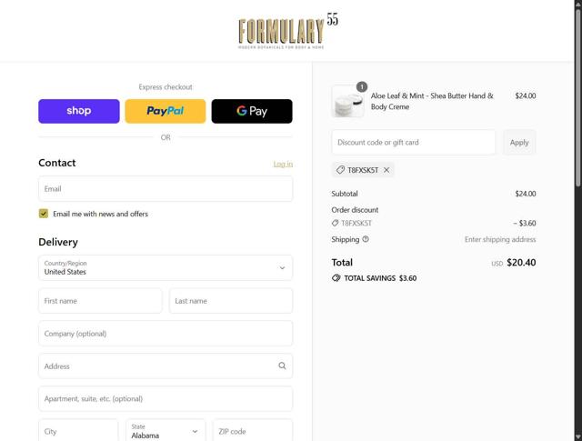 Formulary 55 checkout page showing Formulary 55 discount code box | Screenshot taken by SimplyCodes community member on Aug 31, 2025