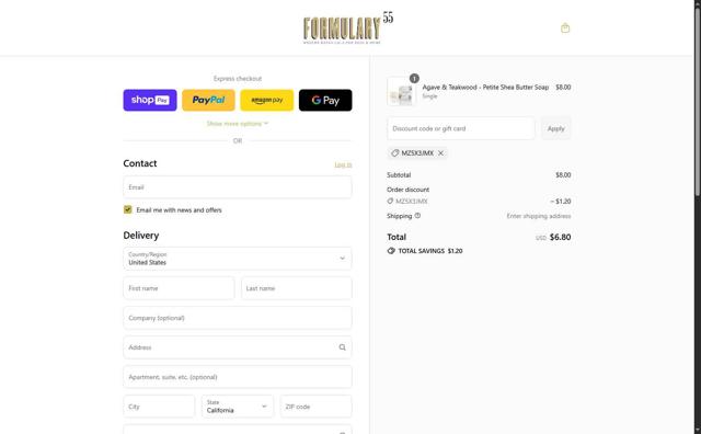 Formulary 55 checkout page showing Formulary 55 discount code box | Screenshot taken by SimplyCodes community member on Aug 27, 2025