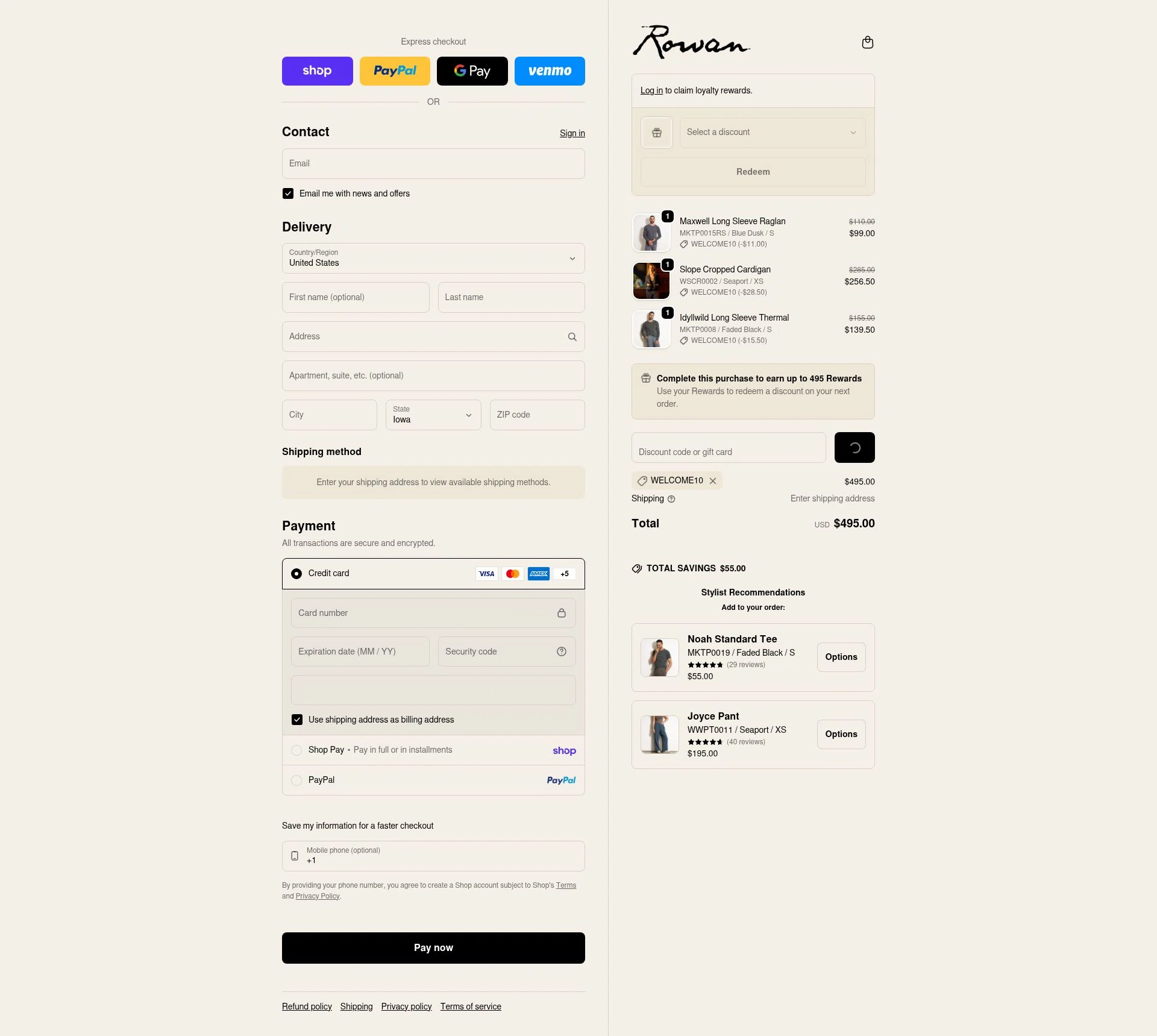 For Rowan checkout page showing For Rowan discount code box | Screenshot taken by SimplyCodes community member on Feb 8, 2026
