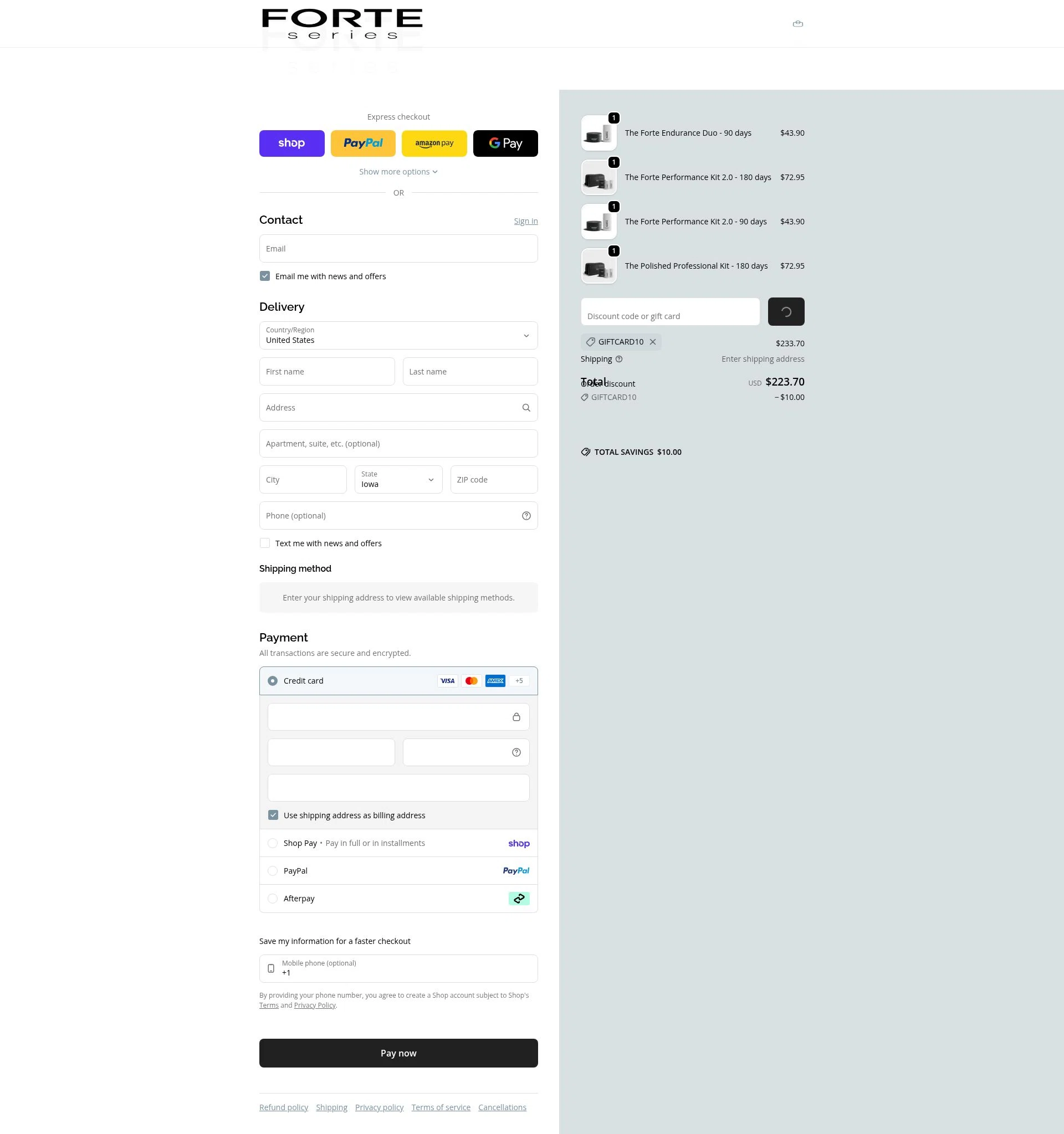 Forte Series checkout page showing Forte Series promo code box | Screenshot taken by SimplyCodes community member on Feb 20, 2026