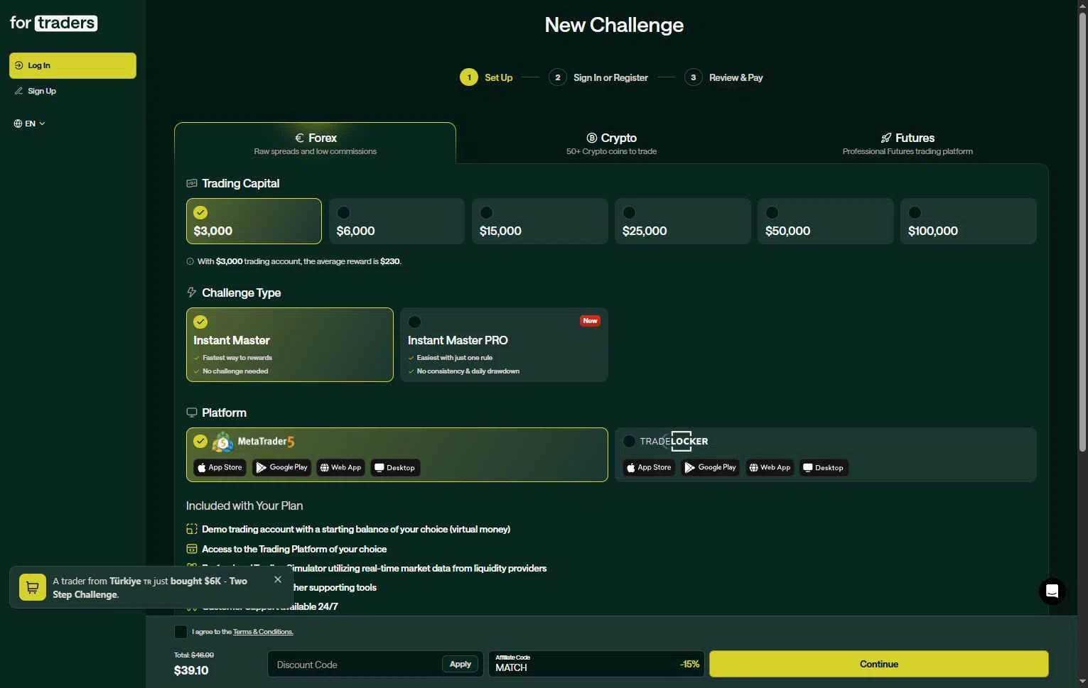 For Traders checkout page showing For Traders discount code box | Screenshot taken by SimplyCodes community member on Jan 22, 2026