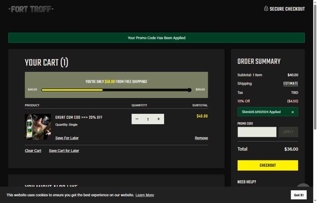 Fort Troff checkout page showing Fort Troff promo code box | Screenshot taken by SimplyCodes community member on Jul 3, 2025