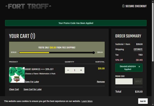 Fort Troff checkout page showing Fort Troff promo code box | Screenshot taken by SimplyCodes community member on Jul 3, 2025