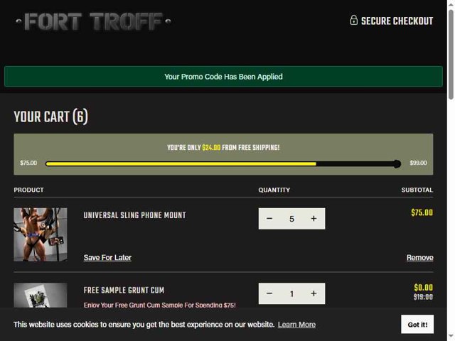 Fort Troff checkout page showing Fort Troff promo code box | Screenshot taken by SimplyCodes community member on Aug 1, 2025