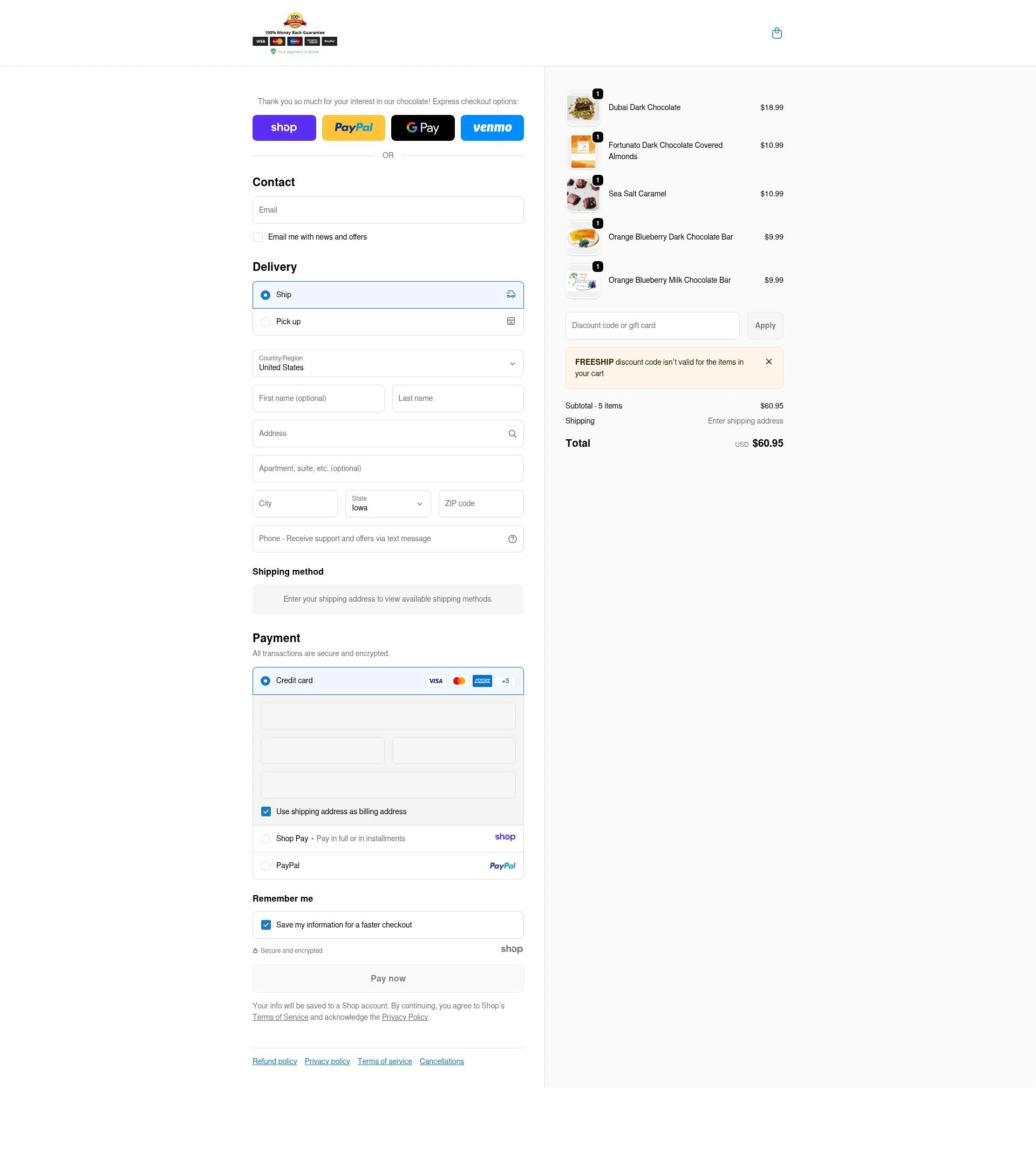 Fortunato Chocolate checkout page showing Fortunato Chocolate discount code box | Screenshot taken by SimplyCodes community member on Jan 1, 2026