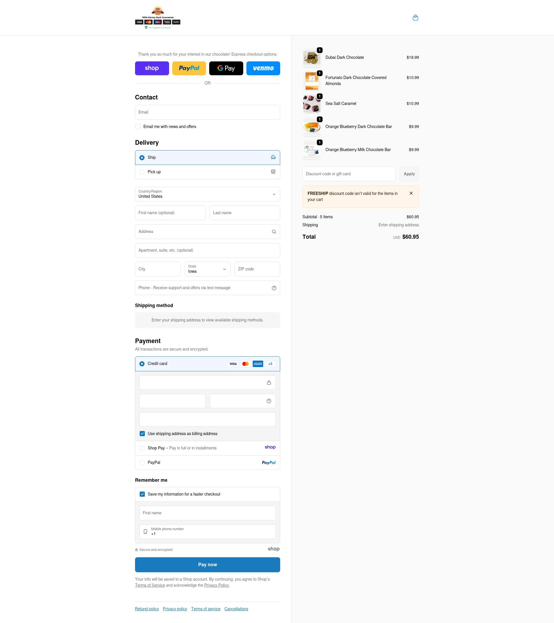Fortunato Chocolate checkout page showing Fortunato Chocolate discount code box | Screenshot taken by SimplyCodes community member on Dec 27, 2025