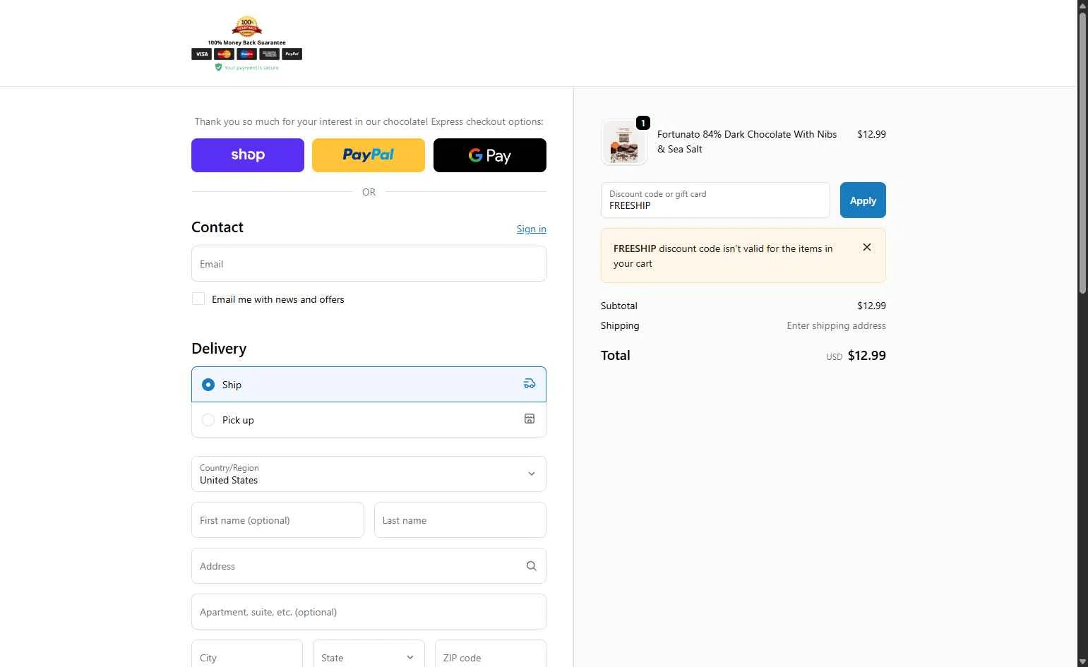 Fortunato Chocolate checkout page showing Fortunato Chocolate discount code box | Screenshot taken by SimplyCodes community member on Nov 28, 2025