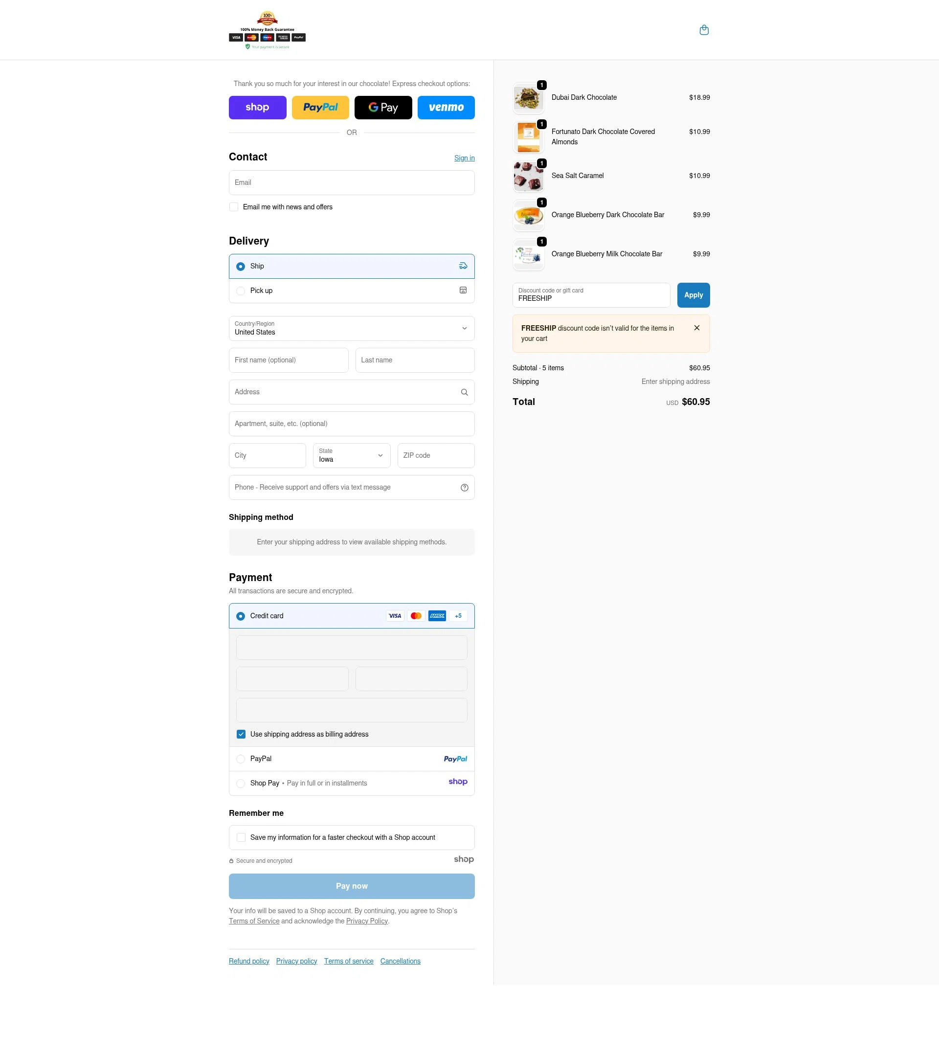 Fortunato Chocolate checkout page showing Fortunato Chocolate discount code box | Screenshot taken by SimplyCodes community member on Dec 9, 2025