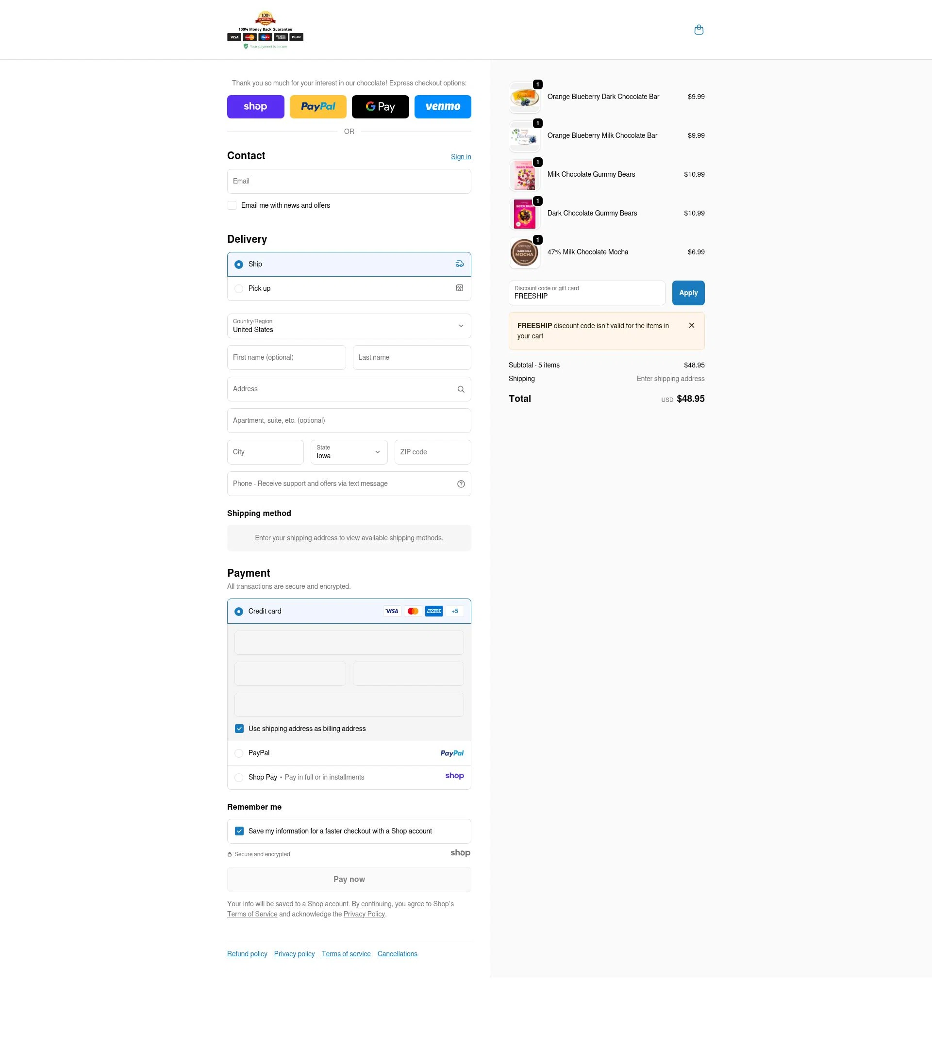 Fortunato Chocolate checkout page showing Fortunato Chocolate discount code box | Screenshot taken by SimplyCodes community member on Nov 23, 2025