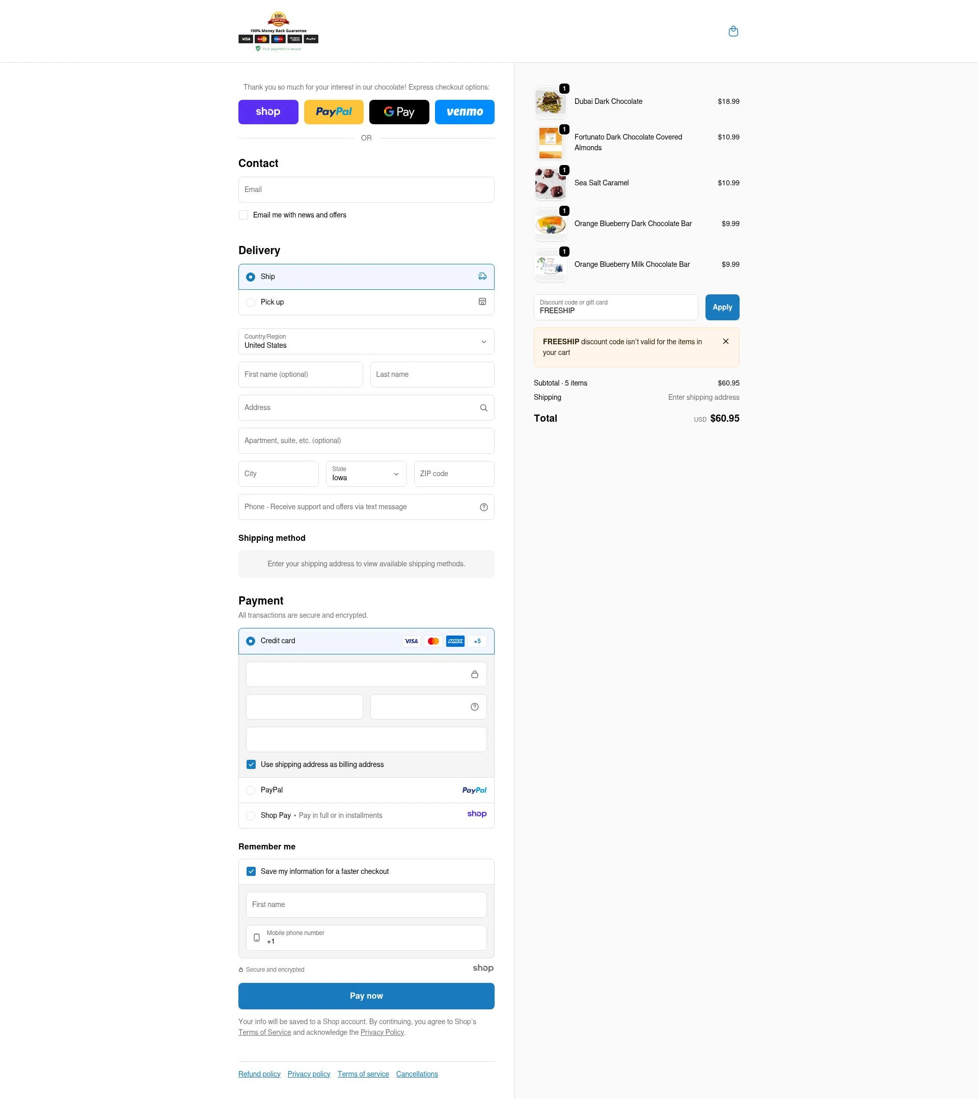 Fortunato Chocolate checkout page showing Fortunato Chocolate discount code box | Screenshot taken by SimplyCodes community member on Dec 15, 2025