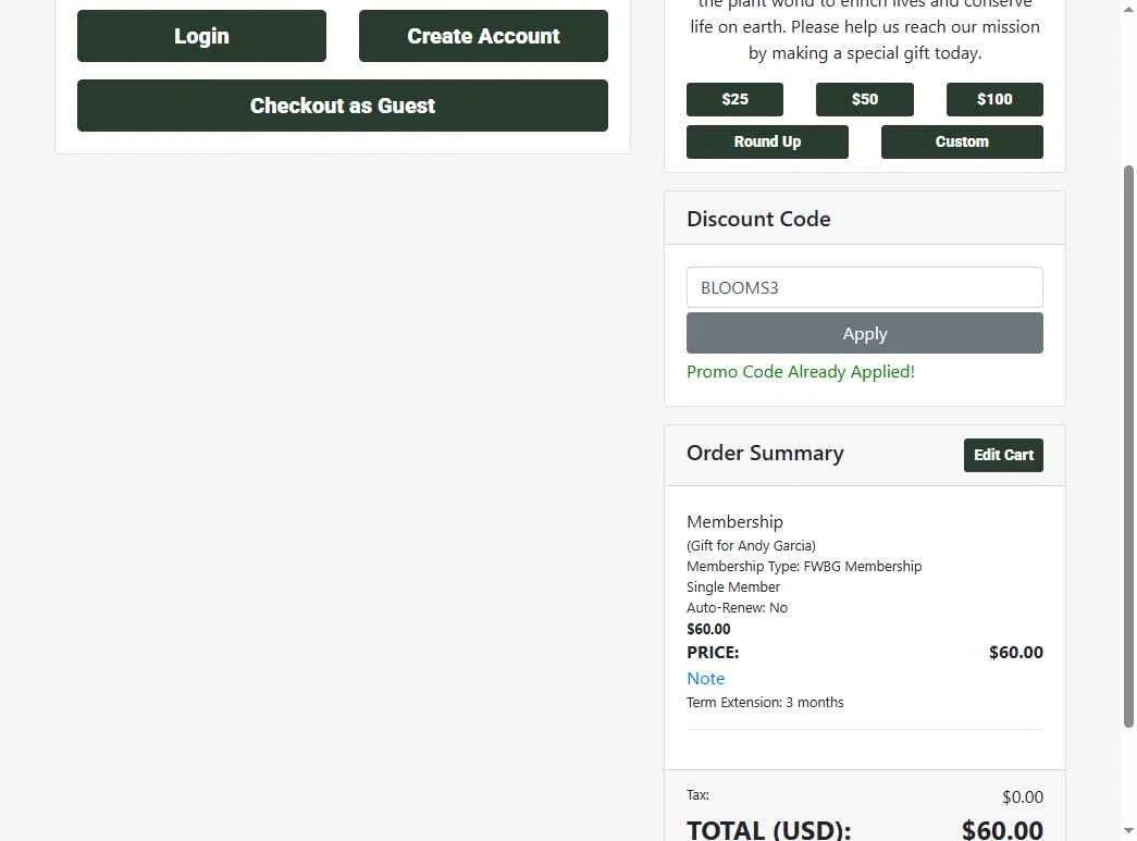Fort Worth Botanic Garden checkout page showing Fort Worth Botanic Garden discount code box | Screenshot taken by SimplyCodes community member on Sep 4, 2025