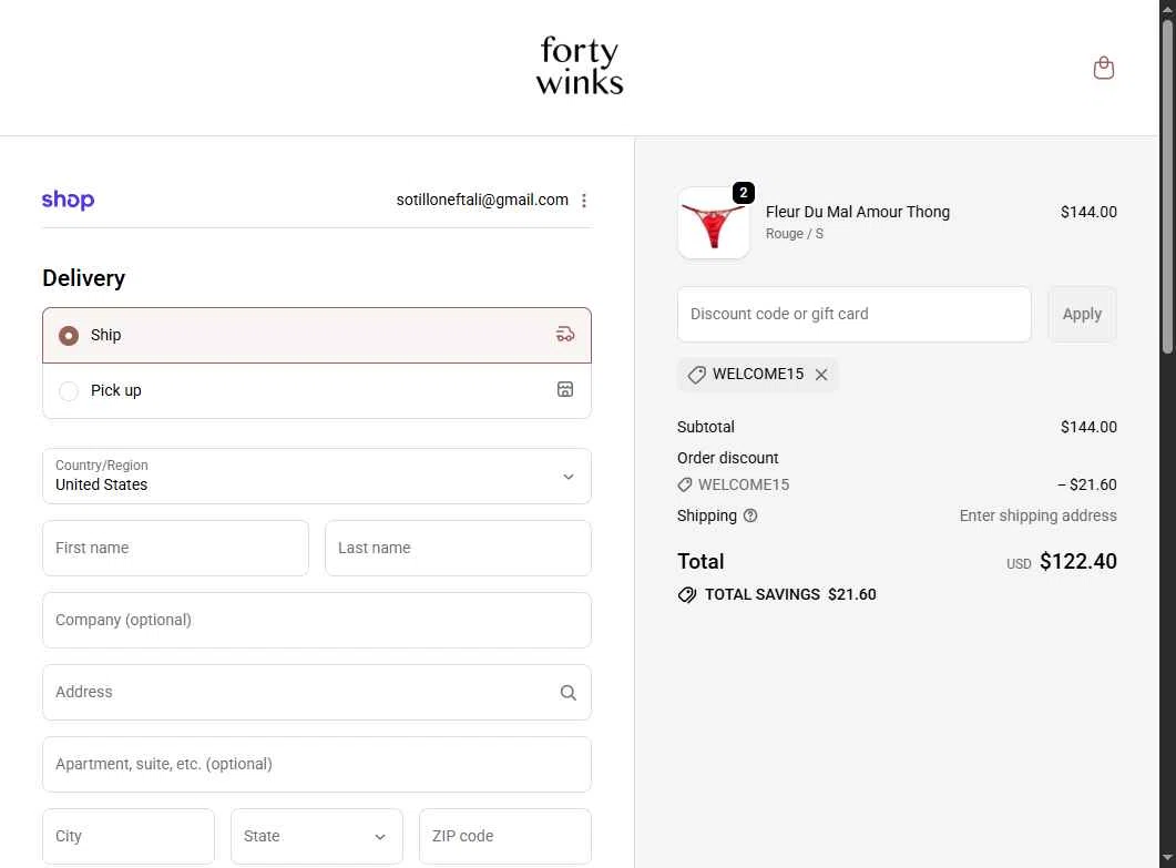 Forty Winks checkout page showing Forty Winks promo code box | Screenshot taken by SimplyCodes community member on Feb 10, 2026