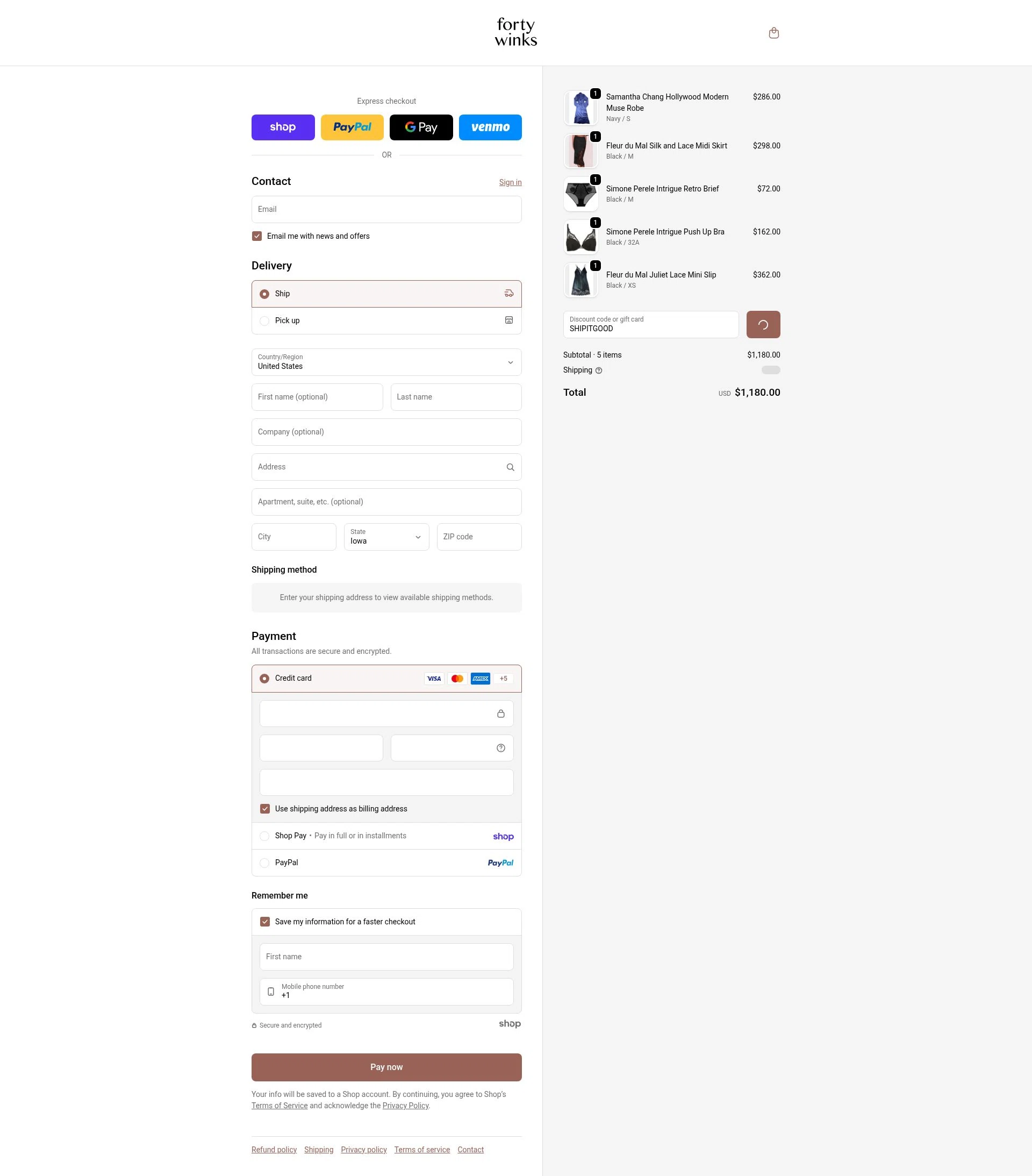 Forty Winks checkout page showing Forty Winks promo code box | Screenshot taken by SimplyCodes community member on Jan 30, 2026