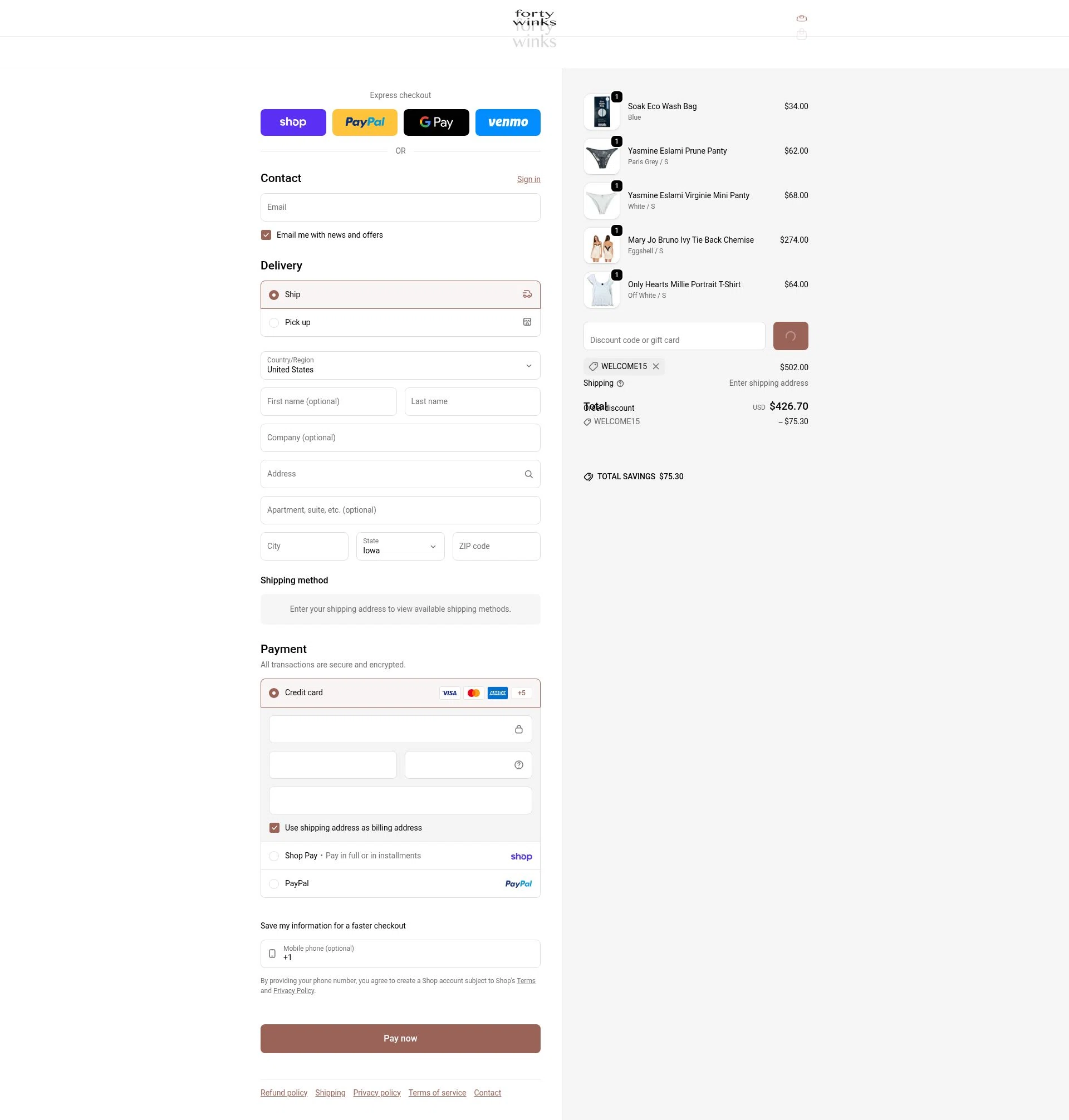 Forty Winks checkout page showing Forty Winks promo code box | Screenshot taken by SimplyCodes community member on Feb 10, 2026