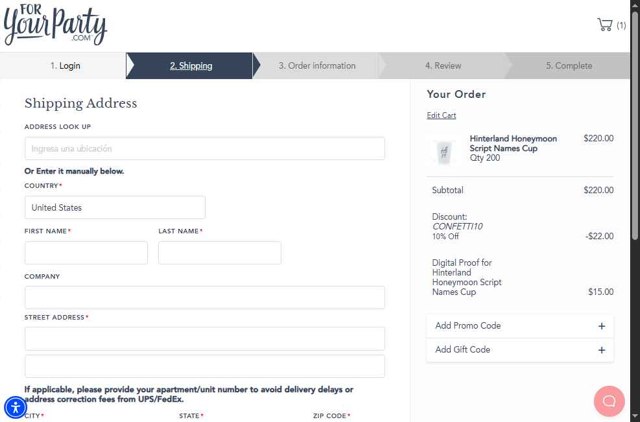 ForYourParty checkout page showing ForYourParty promo code box | Screenshot taken by SimplyCodes community member on Aug 22, 2025