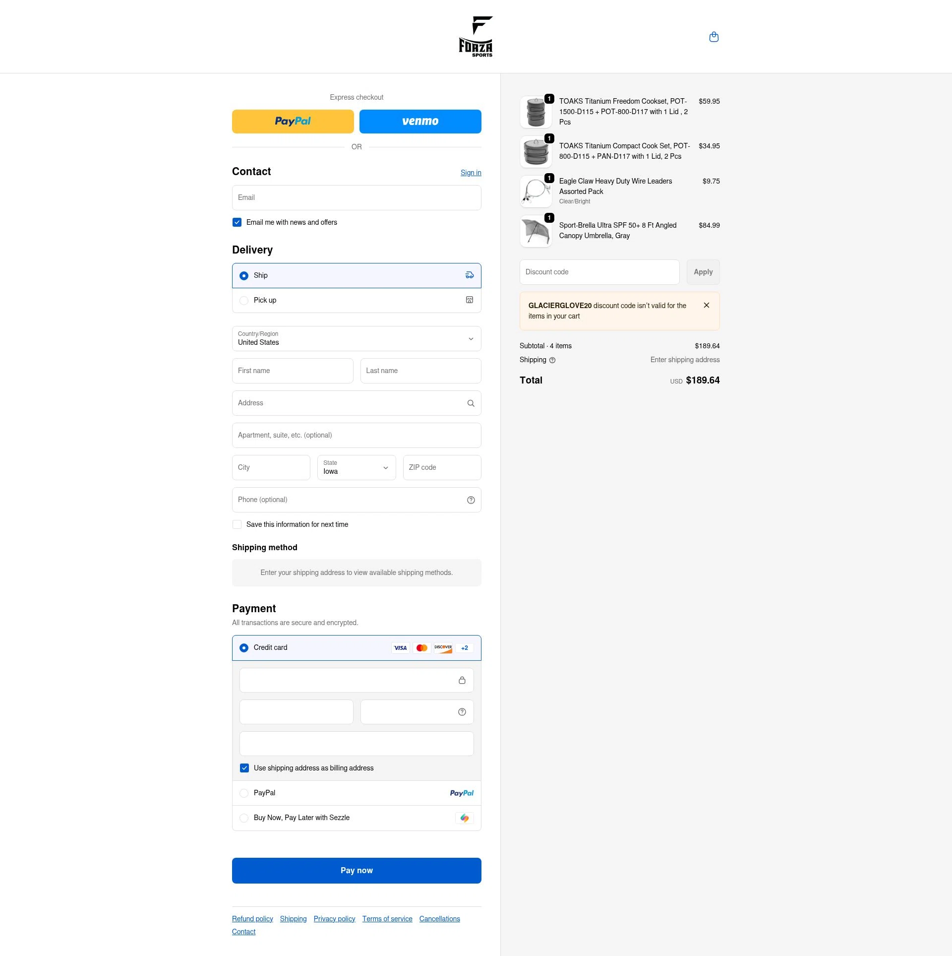 Forza Sports checkout page showing Forza Sports discount code box | Screenshot taken by SimplyCodes community member on Feb 13, 2026