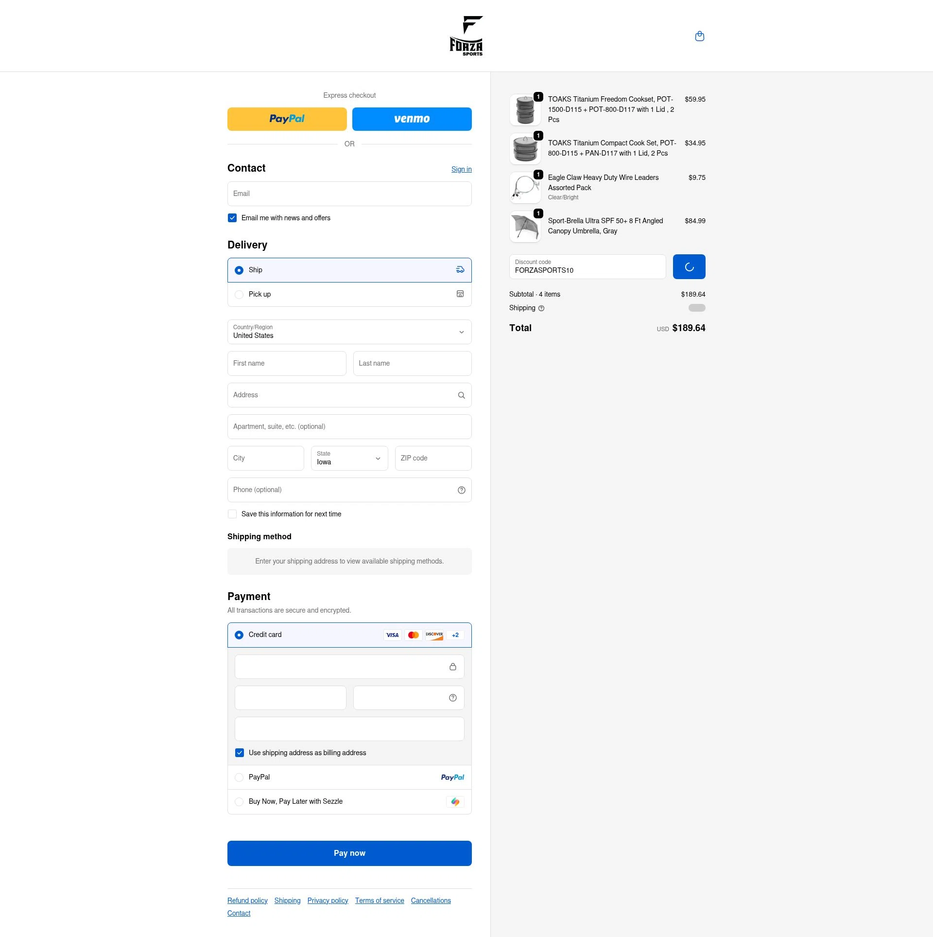Forza Sports checkout page showing Forza Sports discount code box | Screenshot taken by SimplyCodes community member on Feb 13, 2026