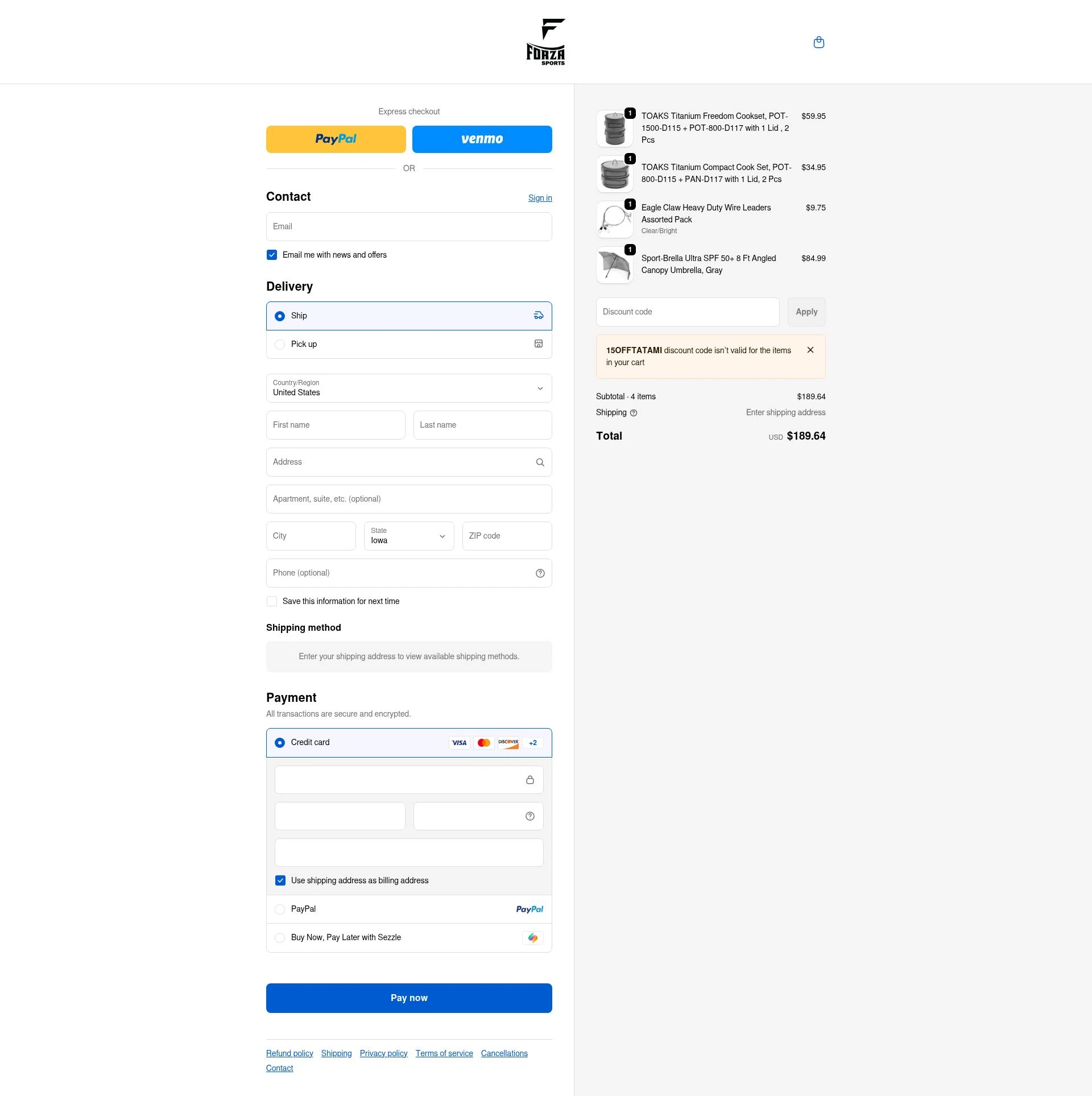 Forza Sports checkout page showing Forza Sports discount code box | Screenshot taken by SimplyCodes community member on Feb 13, 2026