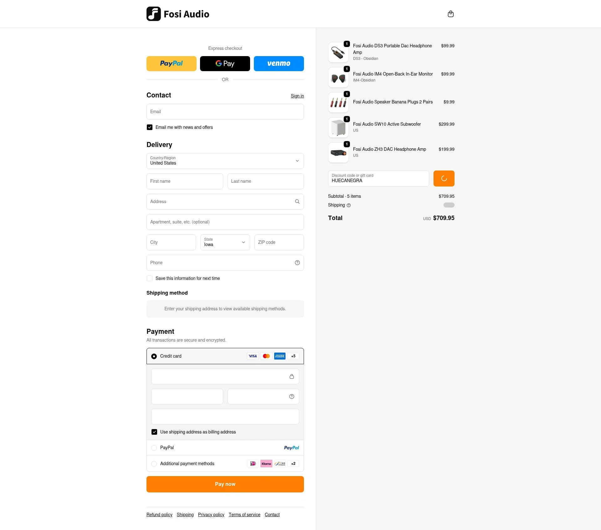 Fosi Audio checkout page showing Fosi Audio discount code box | Screenshot taken by SimplyCodes community member on Jan 10, 2026