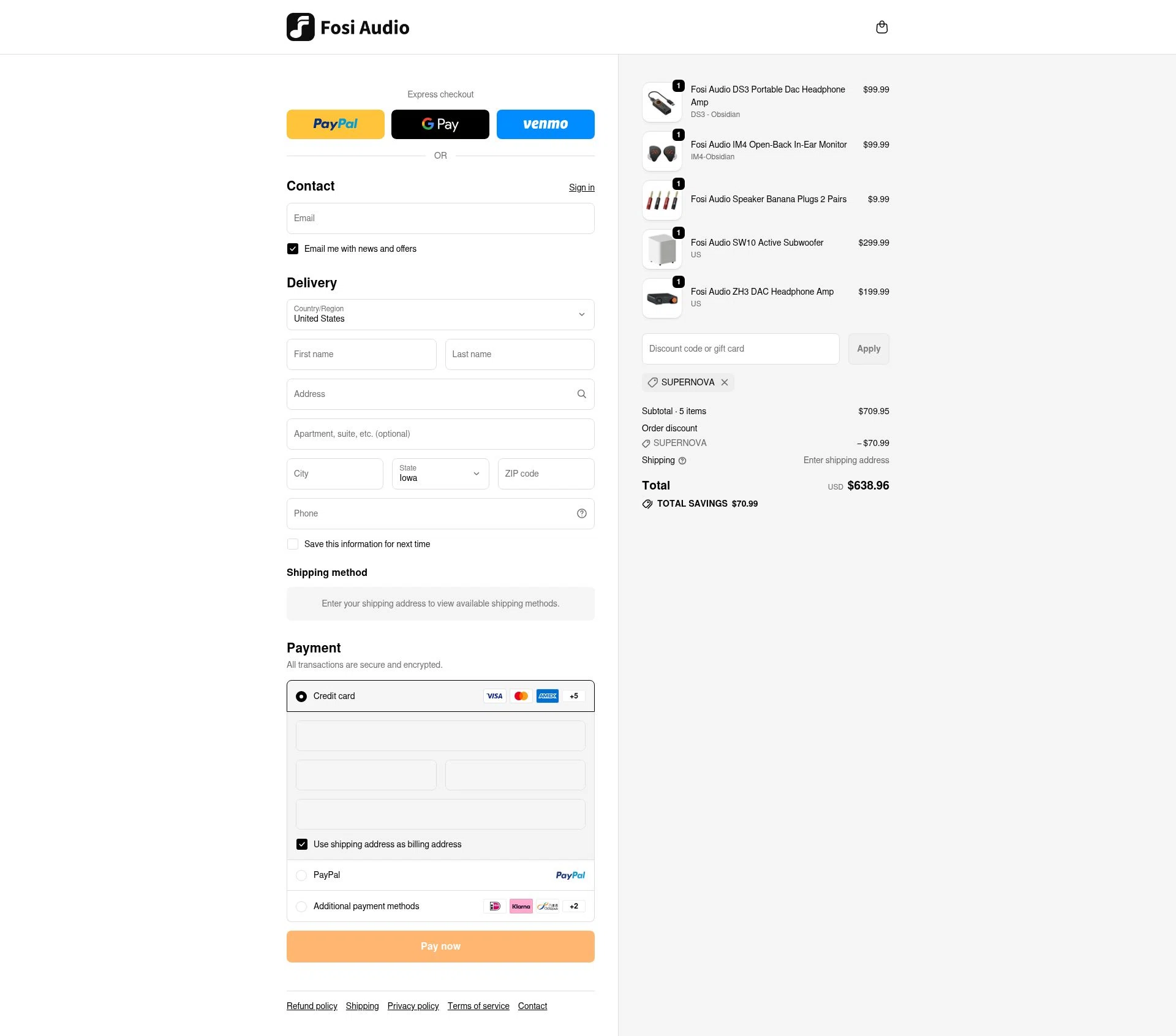 Fosi Audio checkout page showing Fosi Audio discount code box | Screenshot taken by SimplyCodes community member on Jan 10, 2026