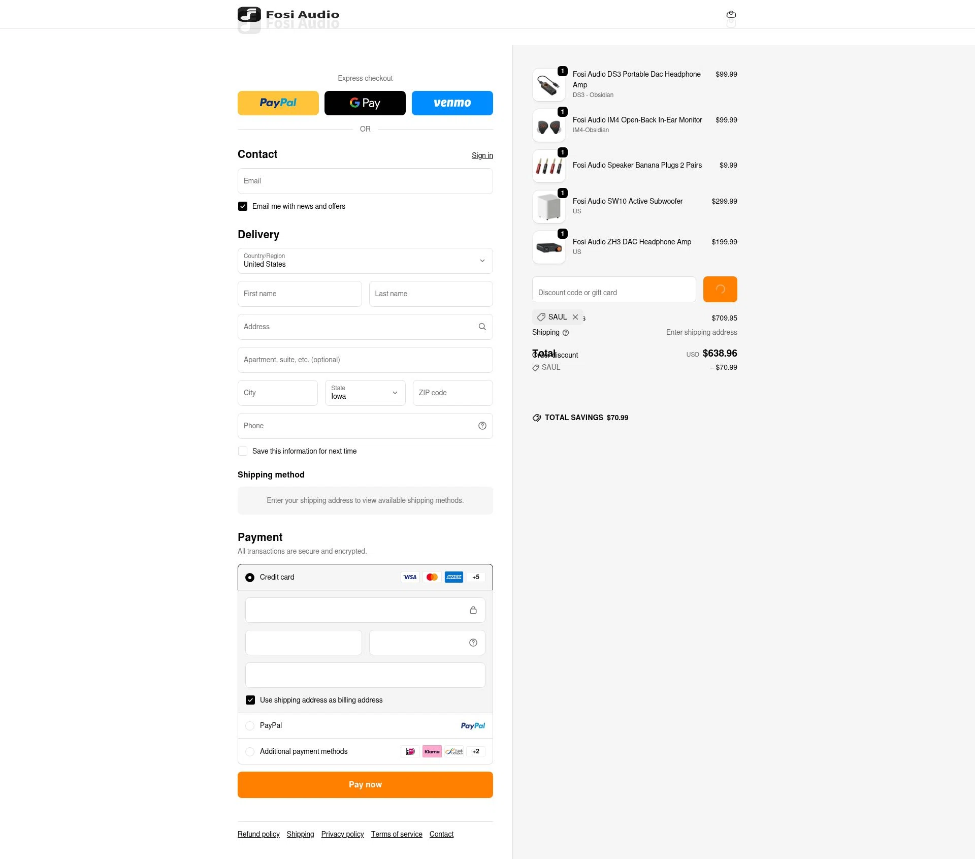 Fosi Audio checkout page showing Fosi Audio discount code box | Screenshot taken by SimplyCodes community member on Jan 10, 2026