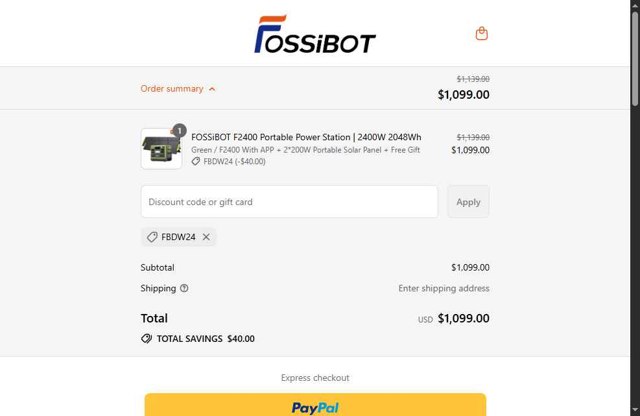 Fossibot checkout page showing Fossibot promo code box | Screenshot taken by SimplyCodes community member on Aug 29, 2025