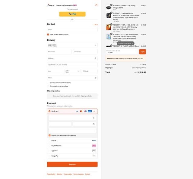 Fossibot checkout page showing Fossibot promo code box | Screenshot taken by SimplyCodes community member on Sep 7, 2025