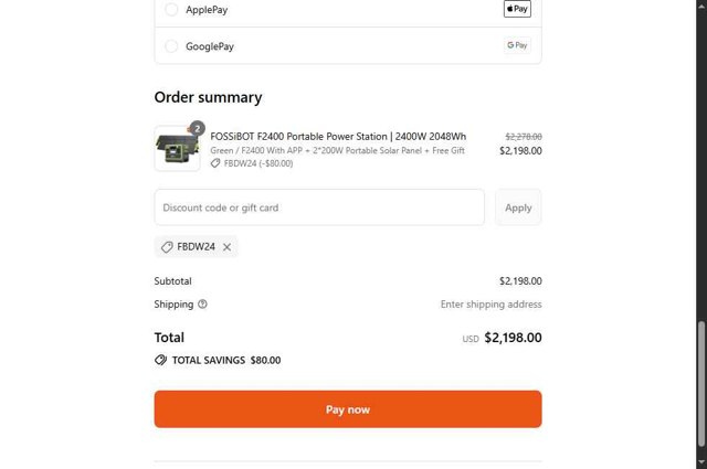 Fossibot checkout page showing Fossibot promo code box | Screenshot taken by SimplyCodes community member on Aug 25, 2025