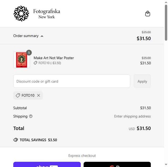 Fotografiska checkout page showing Fotografiska promo code box | Screenshot taken by SimplyCodes community member on May 10, 2025